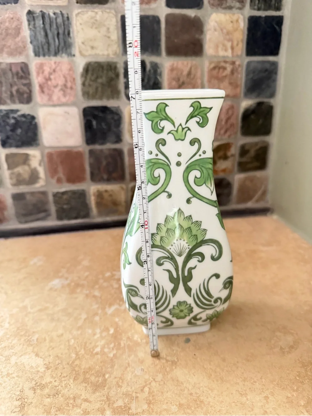 Green and White Floral Chinoiserie Ceramic Vase